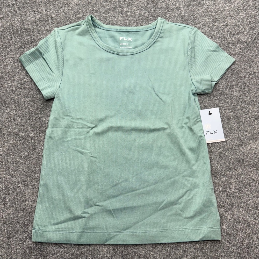 FLX Women Active Outdoor Ribbed Short Sleeve T-Shirt Moon and Sea Green Medium